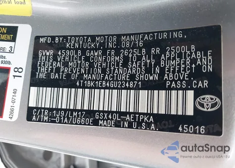 2016 Toyota Avalon Limited из США, поврежденный, VIN 4T1BK1EB4GU234871